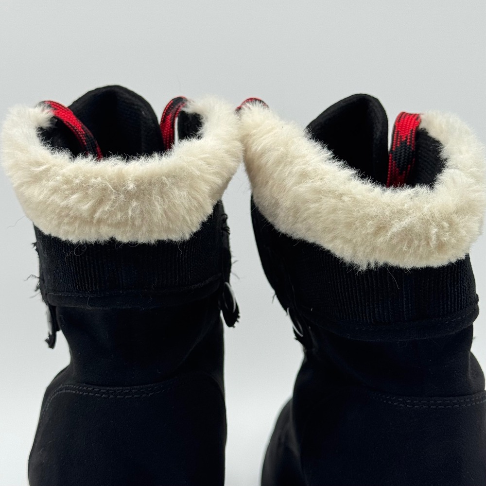 Jellypop Black Heeled Ankle Boots Red Plaid Laces Faux Fur Trim Lug Sole Size 9M - Picture 10 of 13